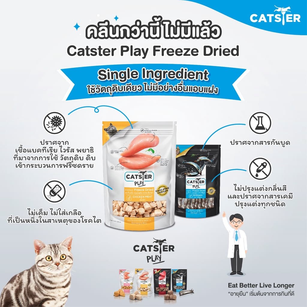 Catster Play ขนมแมว Freeze Dried ท็อปปิ้งฟรีซดรายสำหรับน้องแมว ชิ้นเนื้อแท้ ไม่ใส่เกลือวัตถุกันเสีย สี กลิ่นสังเคราะห์ รูปที่ 2