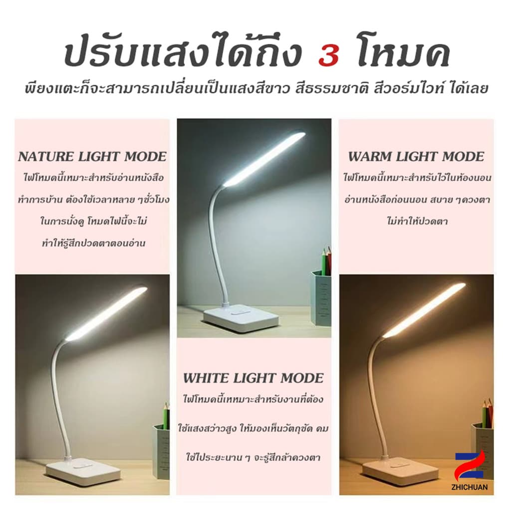 ZHICHUANG โคมไฟตั้งโต๊ะ โคมไฟอ่านหนังสือ LED ไฟมินิมอล มีแบตเตอรี่ในตัว ปรับแสงได้3สี รี่แสงได้ รูปที่ 3