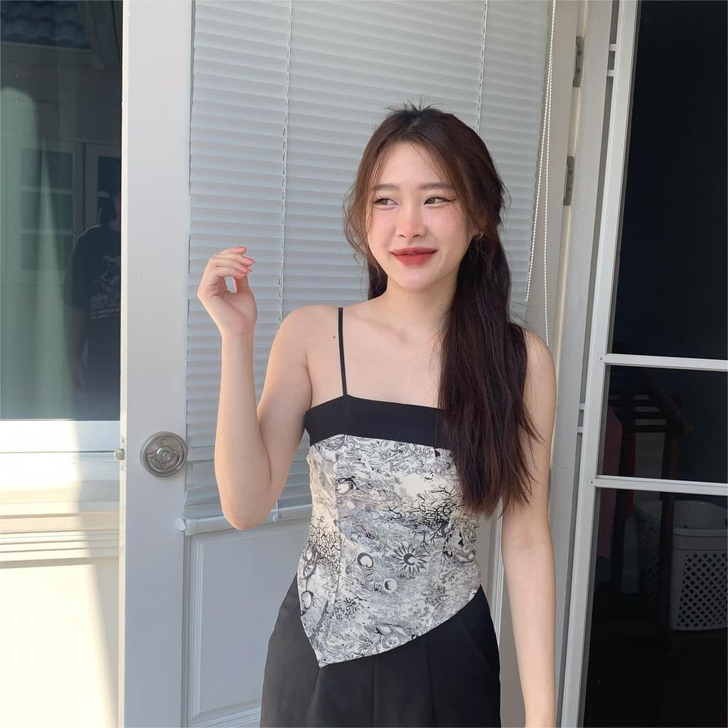 Aurora เสื้อสายเดี่ยว มีฟองน้ำ ลายใบไม้ สม็อคหลัง สีขาวดำครีม ดีเทลชาย ดูแพง bratop2280 รูปที่ 5