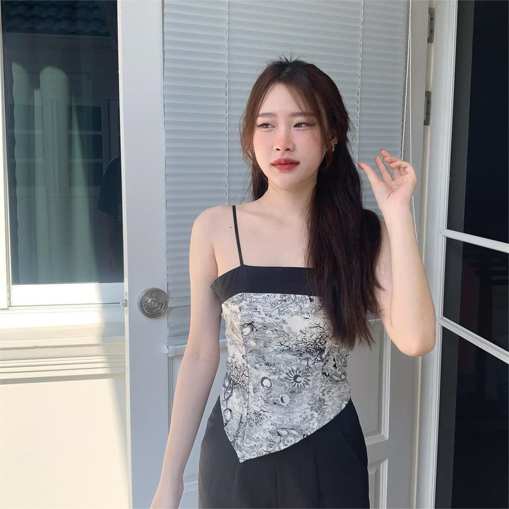 Aurora เสื้อสายเดี่ยว มีฟองน้ำ ลายใบไม้ สม็อคหลัง สีขาวดำครีม ดีเทลชาย ดูแพง bratop2280 รูปที่ 7