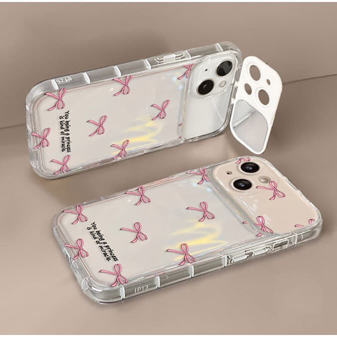 จัดส่งในพื้นที่ เคสโทรศัพท์กระจกแต่งหน้าโบว์สีชมพูเข้ากันได้กับ iPhone X XR XS 11 13 15 12 Pro Max 7 8 14 15 Plus Case รูปที่ 5