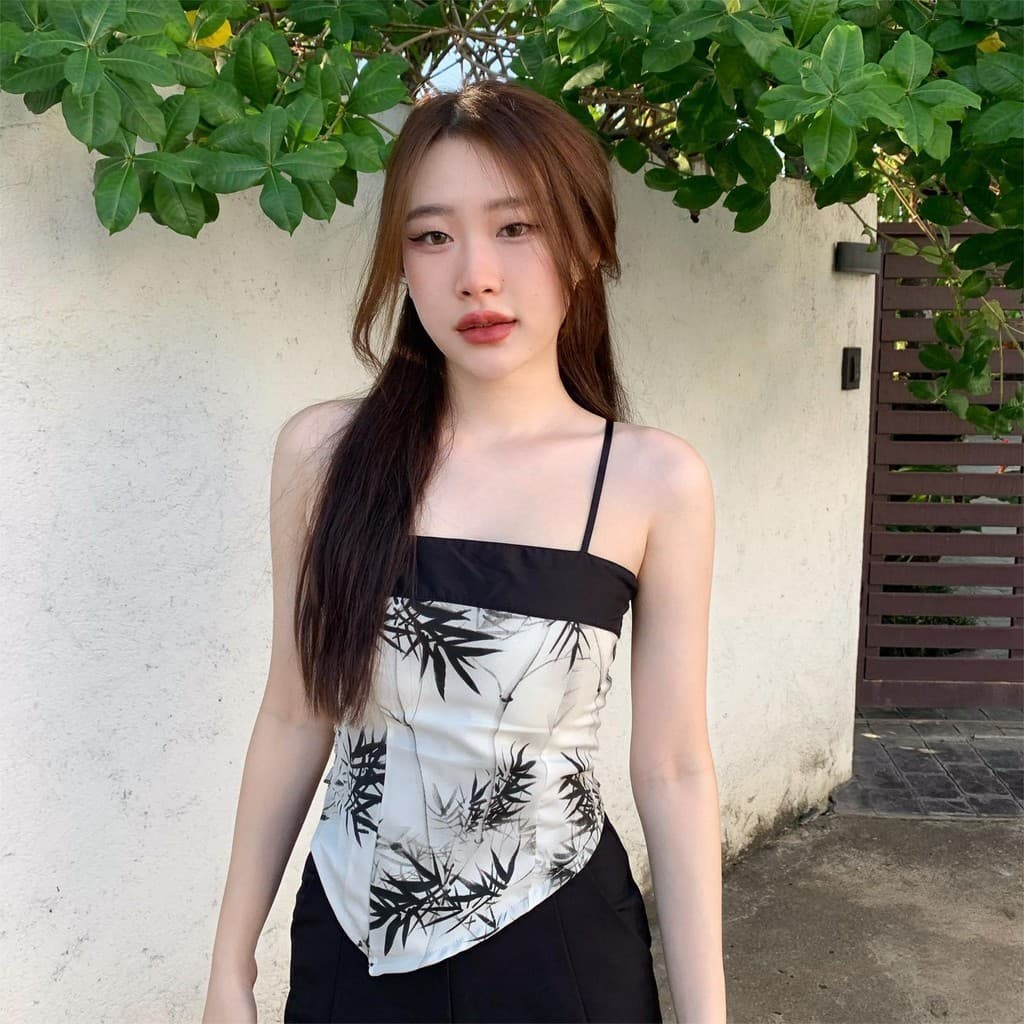 Aurora เสื้อสายเดี่ยว มีฟองน้ำ ลายใบไม้ สม็อคหลัง สีขาวดำครีม ดีเทลชาย ดูแพง bratop2280 รูปที่ 6