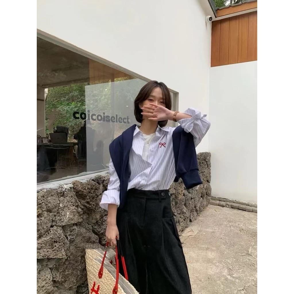 เสื้อเชิ้ตลายทางแขนยาวแฟชั่นสำหรับผู้หญิง#a95 รูปที่ 7