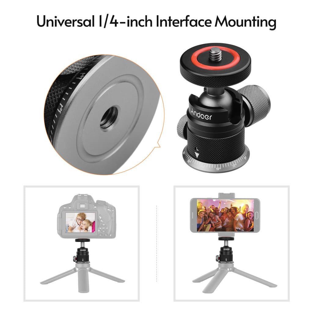 Andoer ขาตั้งกล้องอลูมิเนียมอัลลอยด์ หัวบอลพาโนรามา 360° หมุนได้ 180° เมาท์ขาตั้งกล้อง 1/4 พร้อมฐานสเกล สําหรับกล้อง DSLR รูปที่ 3