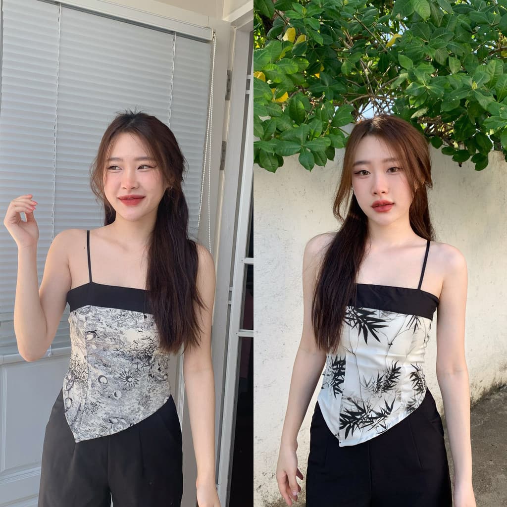 Aurora เสื้อสายเดี่ยว มีฟองน้ำ ลายใบไม้ สม็อคหลัง สีขาวดำครีม ดีเทลชาย ดูแพง bratop2280 รูปที่ 1