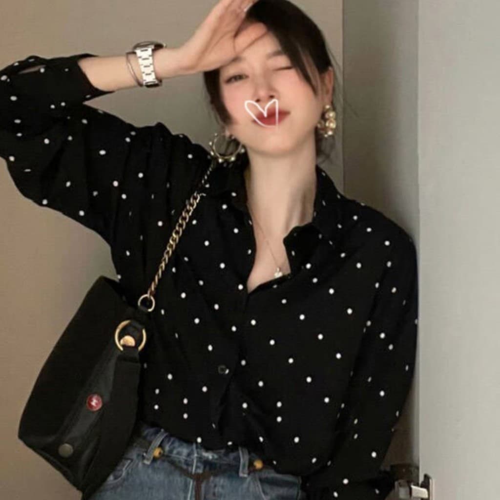 ชุดเสื้อเชิ้ตแขนยาวสไตล์เฮปเบิร์นย้อนยุคเกาหลี ปกสีบล็อก ลายจุด หลวม ลำลอง ใช้งานได้หลากหลาย สำหรับผู้หญิง P1CD รูปที่ 2