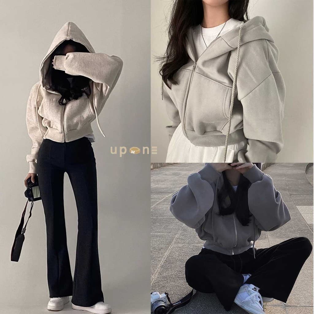 เสื้อแจ็กเก็ตครอป ทรงหลวม แขนยาว มีฮู้ด สีพื้นเรียบๆ