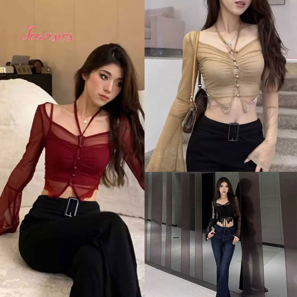 เสื้อครอปซีทรูเเขนยาว ดีเทลแขนกระดิ่ง สไตล์สาวเวียดนาม รูปที่ 1