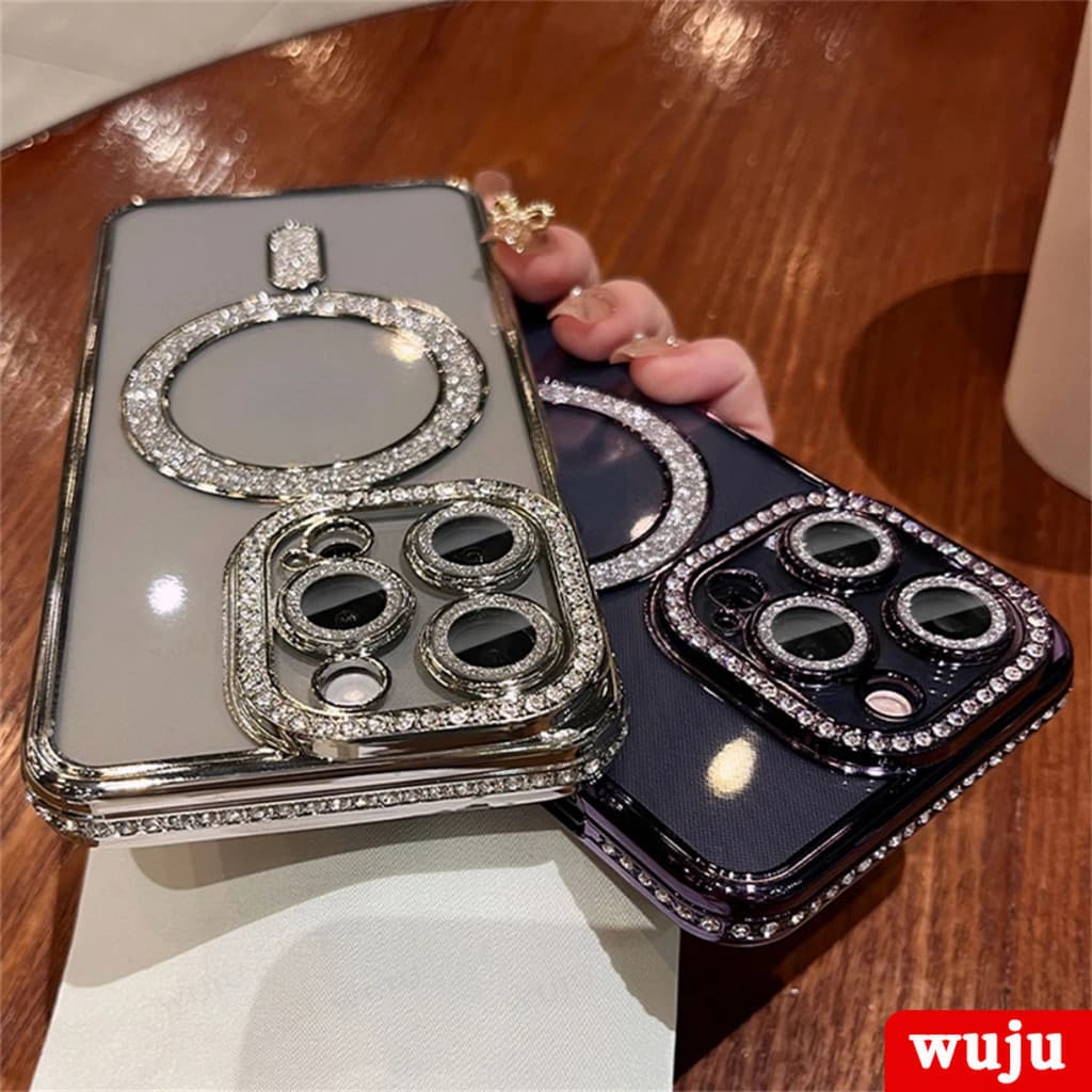 Wuju เคสโทรศัพท์มือถือแบบแม่เหล็ก ใส กันกระแทก ประดับเพชร กลิตเตอร์ แฟชั่นหรูหรา สําหรับ iPhone 11 12 13 14 15 16 Pro Max Plus รูปที่ 5