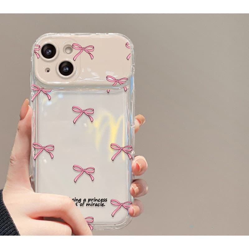 จัดส่งในพื้นที่ เคสโทรศัพท์กระจกแต่งหน้าโบว์สีชมพูเข้ากันได้กับ iPhone X XR XS 11 13 15 12 Pro Max 7 8 14 15 Plus Case รูปที่ 6
