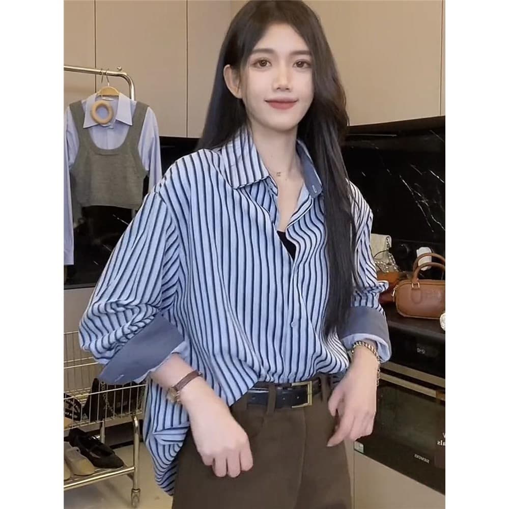 Lune_Grace รุ่นw295 เสื้อเชิ้ตผู้หญิง เสื้อเชิ้ตแขนยาวลายทางทรงหลวม เชิ้ตทำงานแฟชั่นเกาหลี รูปที่ 4
