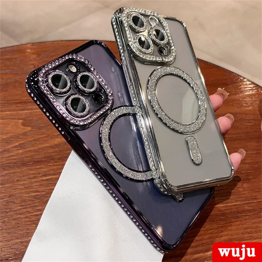 Wuju เคสโทรศัพท์มือถือแบบแม่เหล็ก ใส กันกระแทก ประดับเพชร กลิตเตอร์ แฟชั่นหรูหรา สําหรับ iPhone 11 12 13 14 15 16 Pro Max Plus รูปที่ 3