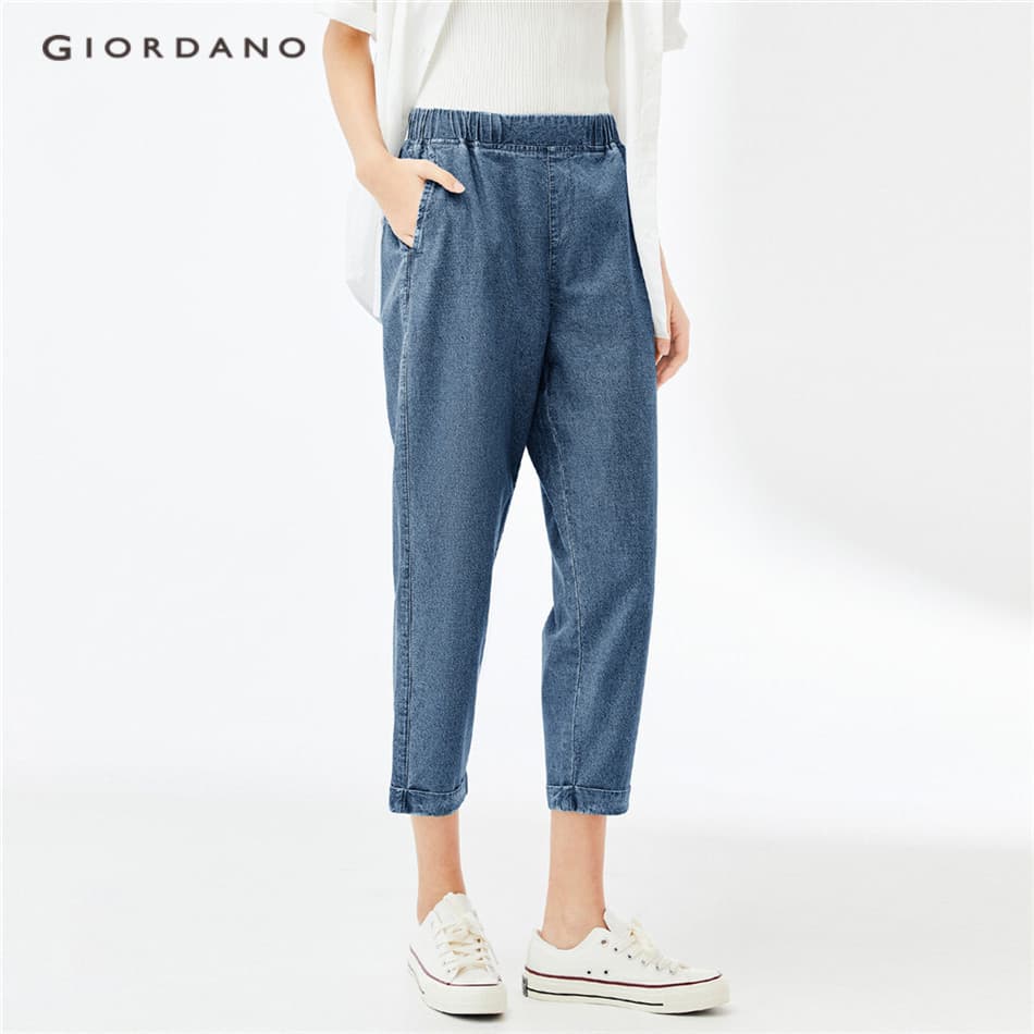 GIORDANO WOMEN Roll-up cuff elastic waist denim pants 05424307 รูปที่ 1