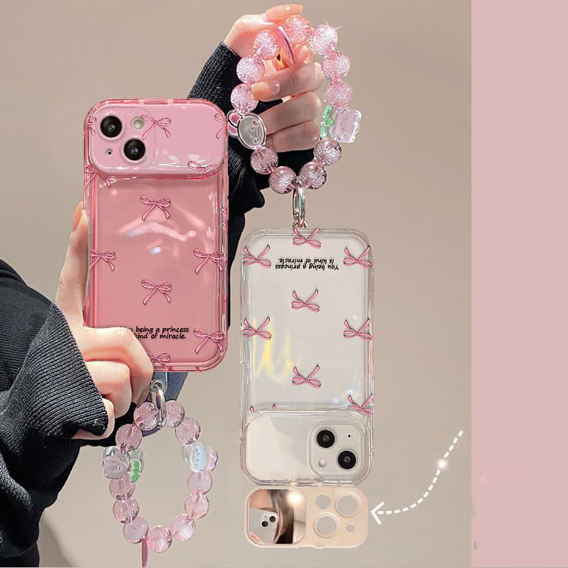 จัดส่งในพื้นที่ เคสโทรศัพท์กระจกแต่งหน้าโบว์สีชมพูเข้ากันได้กับ iPhone X XR XS 11 13 15 12 Pro Max 7 8 14 15 Plus Case รูปที่ 7