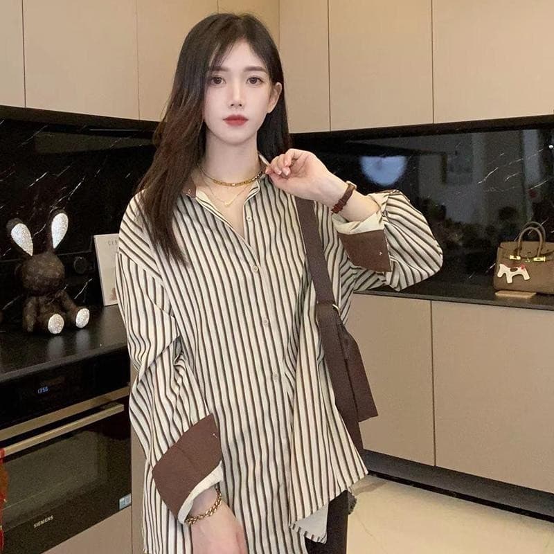 Lune_Grace รุ่นw295 เสื้อเชิ้ตผู้หญิง เสื้อเชิ้ตแขนยาวลายทางทรงหลวม เชิ้ตทำงานแฟชั่นเกาหลี รูปที่ 6