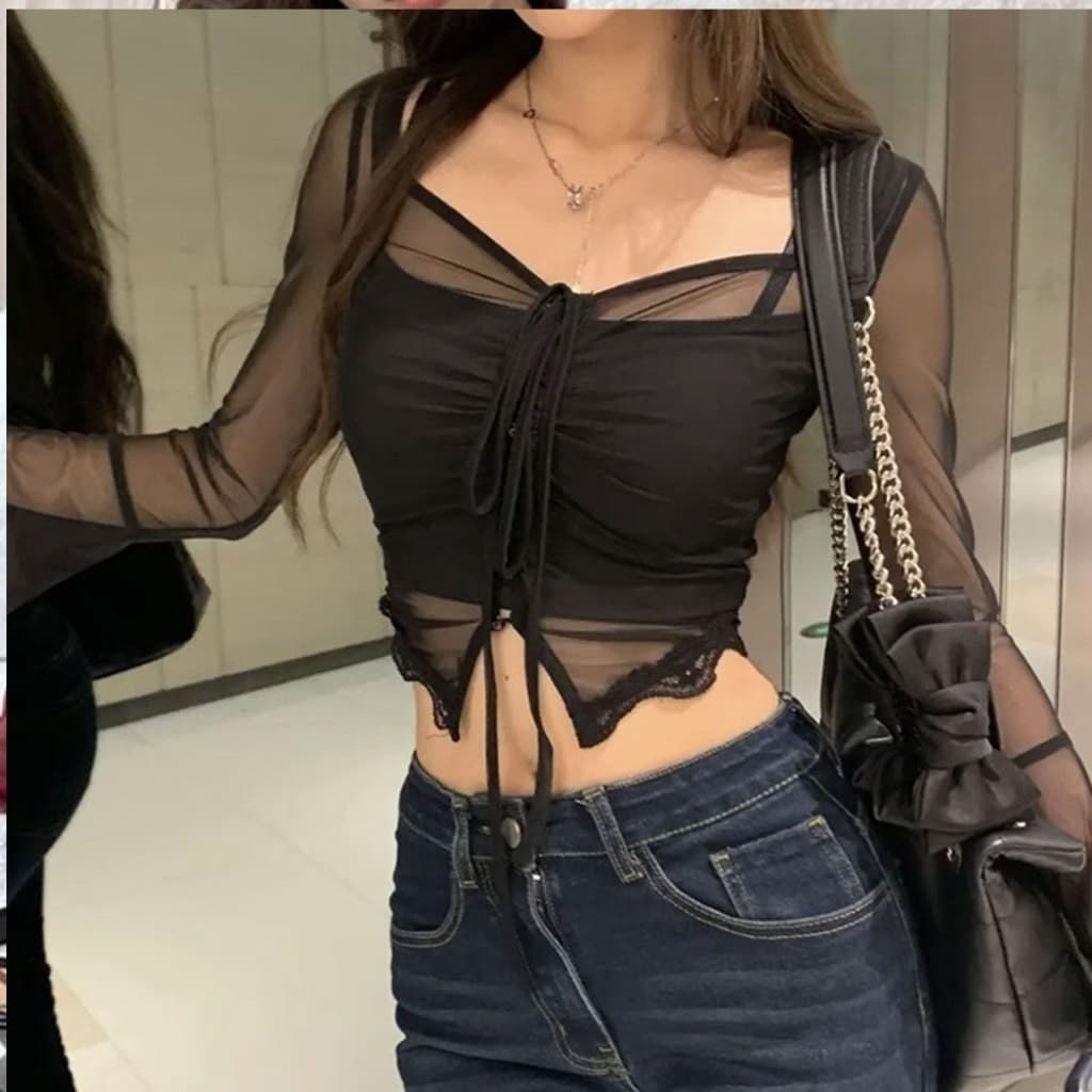 เสื้อครอปซีทรูเเขนยาว ดีเทลแขนกระดิ่ง สไตล์สาวเวียดนาม รูปที่ 5