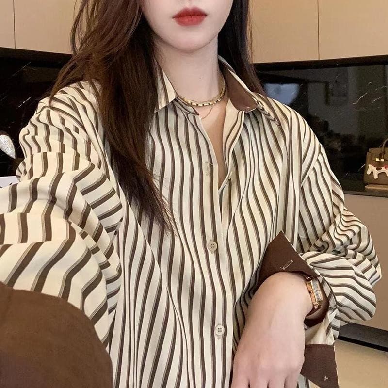 Lune_Grace รุ่นw295 เสื้อเชิ้ตผู้หญิง เสื้อเชิ้ตแขนยาวลายทางทรงหลวม เชิ้ตทำงานแฟชั่นเกาหลี รูปที่ 8