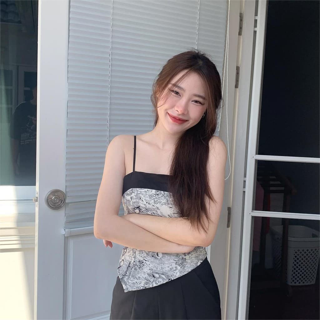 Aurora เสื้อสายเดี่ยว มีฟองน้ำ ลายใบไม้ สม็อคหลัง สีขาวดำครีม ดีเทลชาย ดูแพง bratop2280 รูปที่ 3