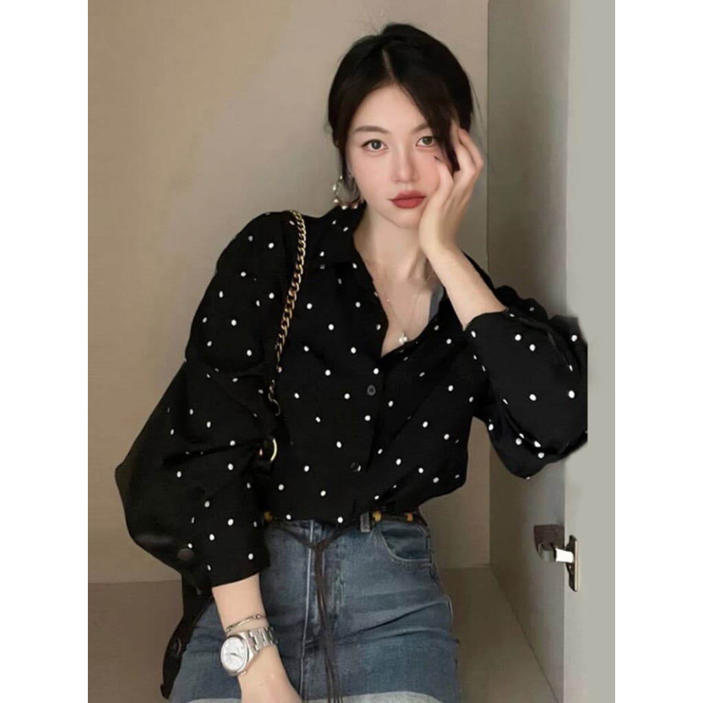 ชุดเสื้อเชิ้ตแขนยาวสไตล์เฮปเบิร์นย้อนยุคเกาหลี ปกสีบล็อก ลายจุด หลวม ลำลอง ใช้งานได้หลากหลาย สำหรับผู้หญิง P1CD รูปที่ 1