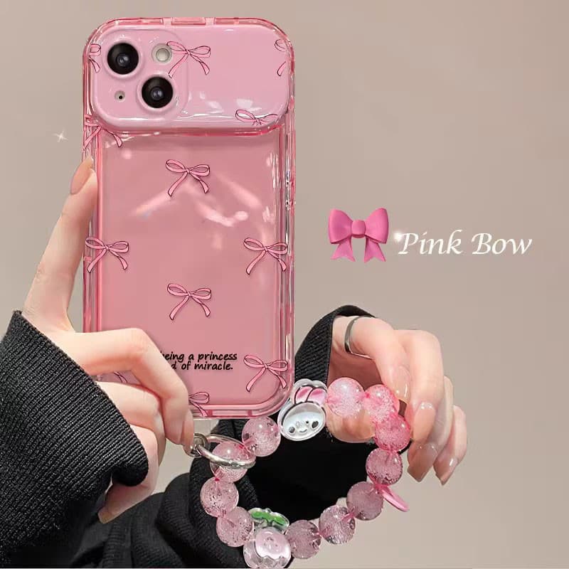จัดส่งในพื้นที่ เคสโทรศัพท์กระจกแต่งหน้าโบว์สีชมพูเข้ากันได้กับ iPhone X XR XS 11 13 15 12 Pro Max 7 8 14 15 Plus Case รูปที่ 2