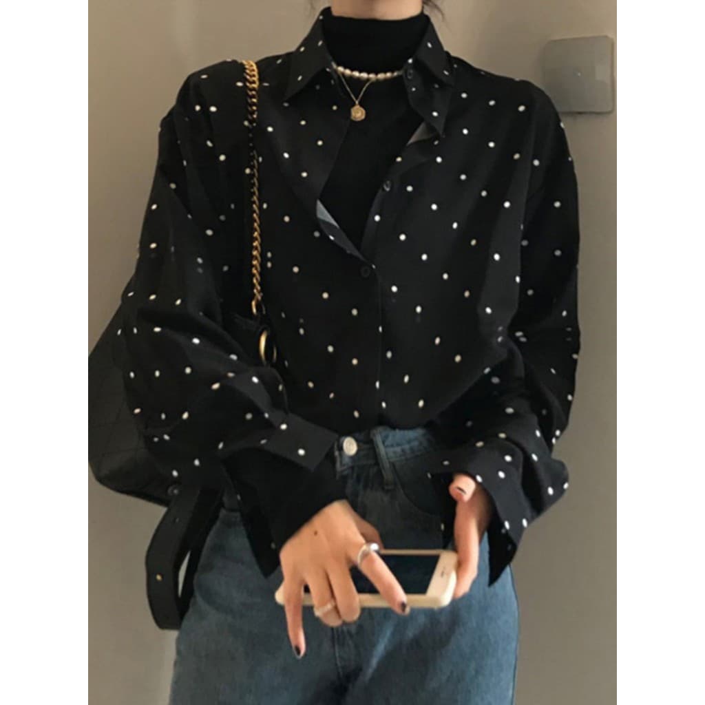 ชุดเสื้อเชิ้ตแขนยาวสไตล์เฮปเบิร์นย้อนยุคเกาหลี ปกสีบล็อก ลายจุด หลวม ลำลอง ใช้งานได้หลากหลาย สำหรับผู้หญิง P1CD รูปที่ 4
