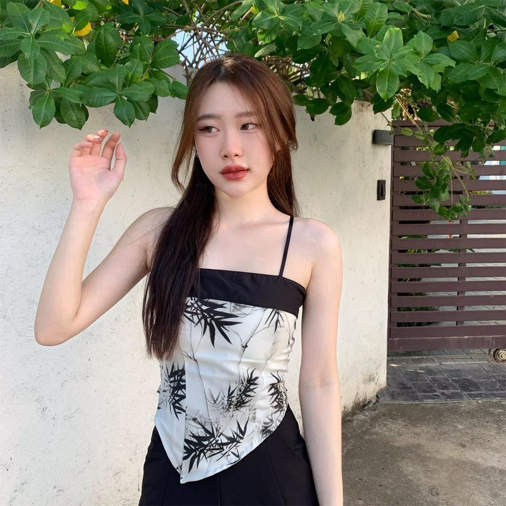 Aurora เสื้อสายเดี่ยว มีฟองน้ำ ลายใบไม้ สม็อคหลัง สีขาวดำครีม ดีเทลชาย ดูแพง bratop2280 รูปที่ 8
