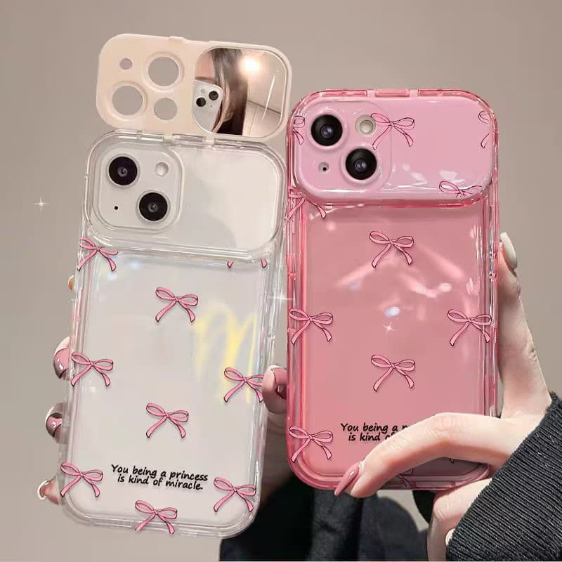 จัดส่งในพื้นที่ เคสโทรศัพท์กระจกแต่งหน้าโบว์สีชมพูเข้ากันได้กับ iPhone X XR XS 11 13 15 12 Pro Max 7 8 14 15 Plus Case รูปที่ 1
