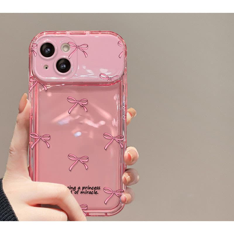 จัดส่งในพื้นที่ เคสโทรศัพท์กระจกแต่งหน้าโบว์สีชมพูเข้ากันได้กับ iPhone X XR XS 11 13 15 12 Pro Max 7 8 14 15 Plus Case รูปที่ 4