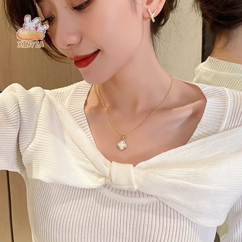XINYIA สร้อยคอโซ่ จี้ใบโคลเวอร์สี่แฉก หรูหรา แฟชั่นฤดู สําหรับผู้หญิง รูปที่ 5