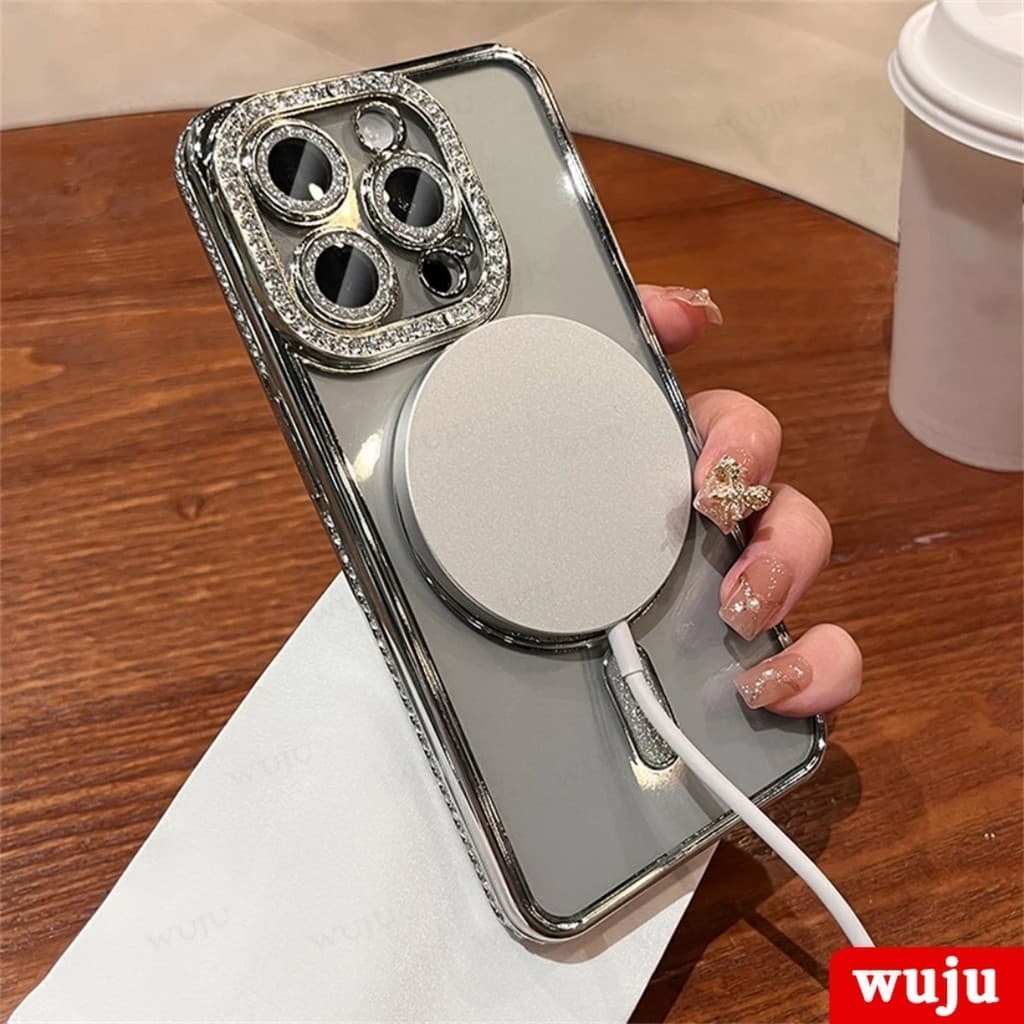 Wuju เคสโทรศัพท์มือถือแบบแม่เหล็ก ใส กันกระแทก ประดับเพชร กลิตเตอร์ แฟชั่นหรูหรา สําหรับ iPhone 11 12 13 14 15 16 Pro Max Plus รูปที่ 4