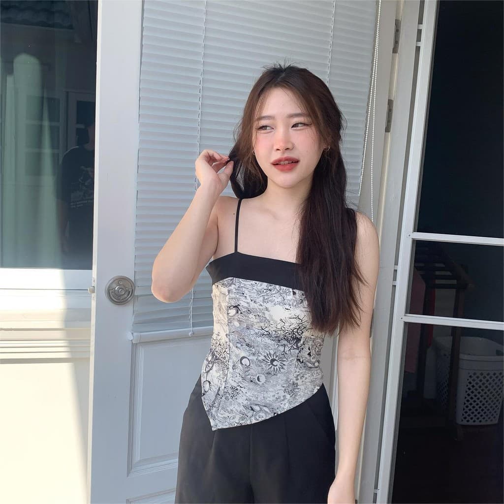Aurora เสื้อสายเดี่ยว มีฟองน้ำ ลายใบไม้ สม็อคหลัง สีขาวดำครีม ดีเทลชาย ดูแพง bratop2280 รูปที่ 9