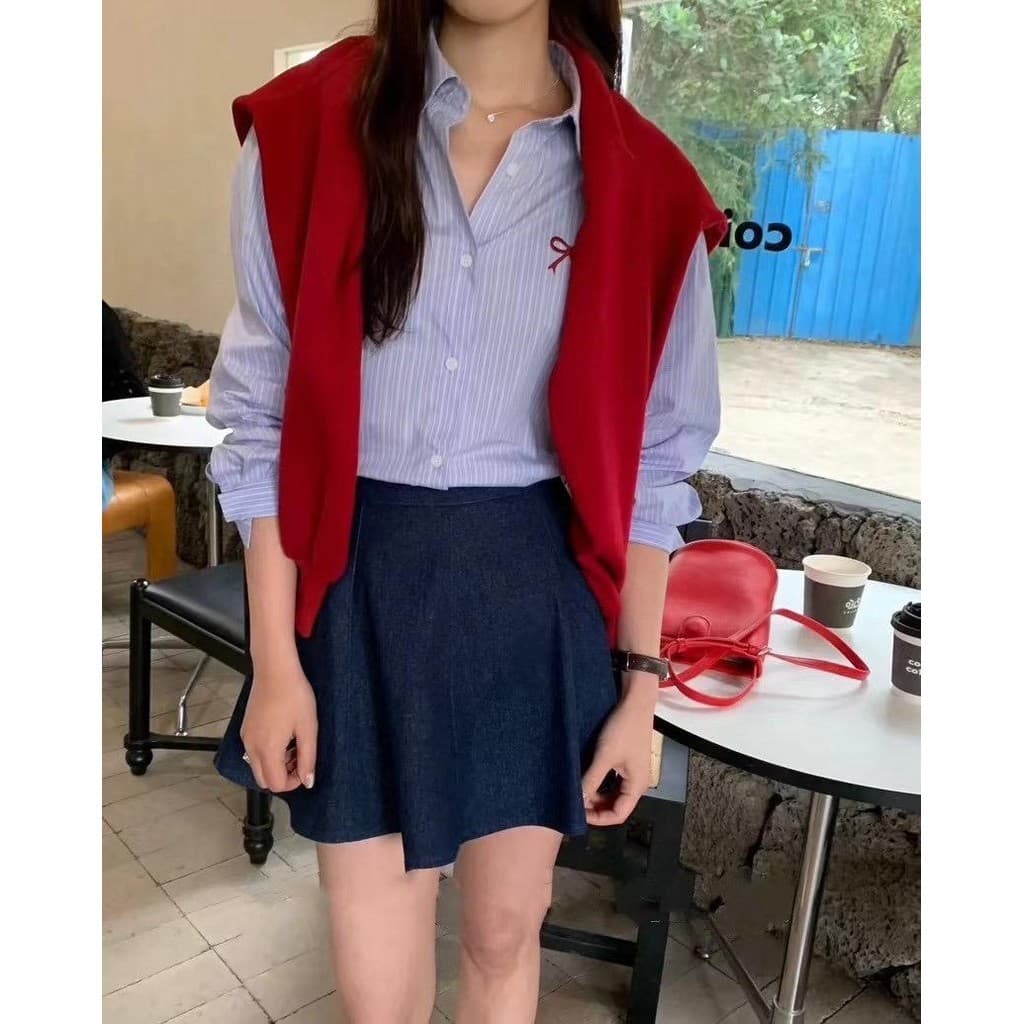 เสื้อเชิ้ตลายทางแขนยาวแฟชั่นสำหรับผู้หญิง#a95 รูปที่ 5