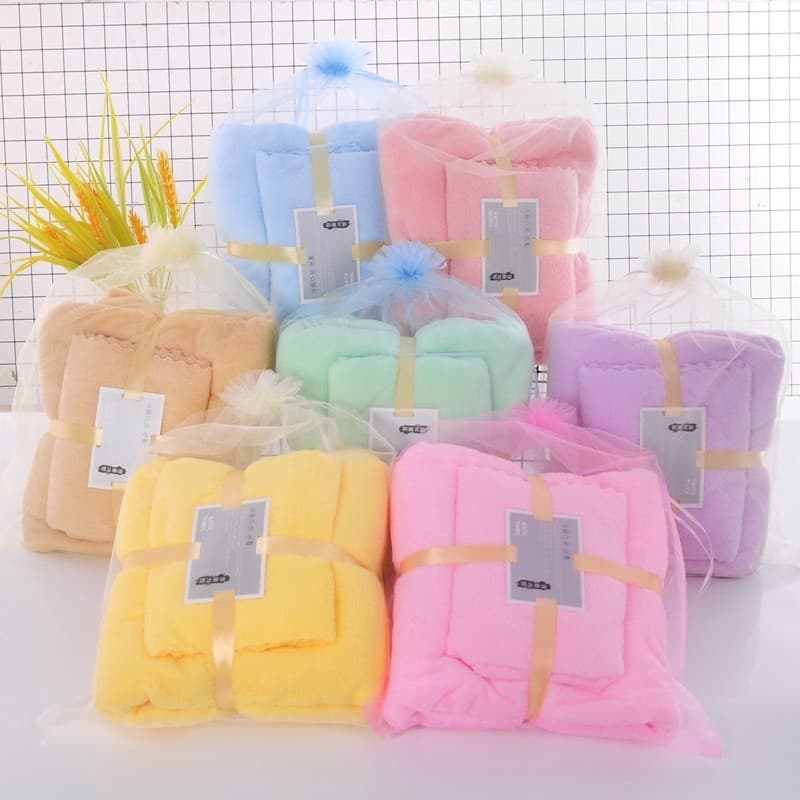 ชุดผ้าเช็ดตัวขนเป็ด ผ้าเช็ดตัวขนเป็ด ผม มีถุงแก้ว สีพื้น ของขวัญ งานแต่ง งานบุญ รูปที่ 2