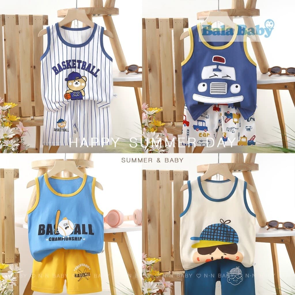 ชุดเด็ก เสื้อกร้าม+กางเกงขาสั้น เสื้อแขนกุด ผ้าcotton Size 80-110 cm BXT14 รูปที่ 2