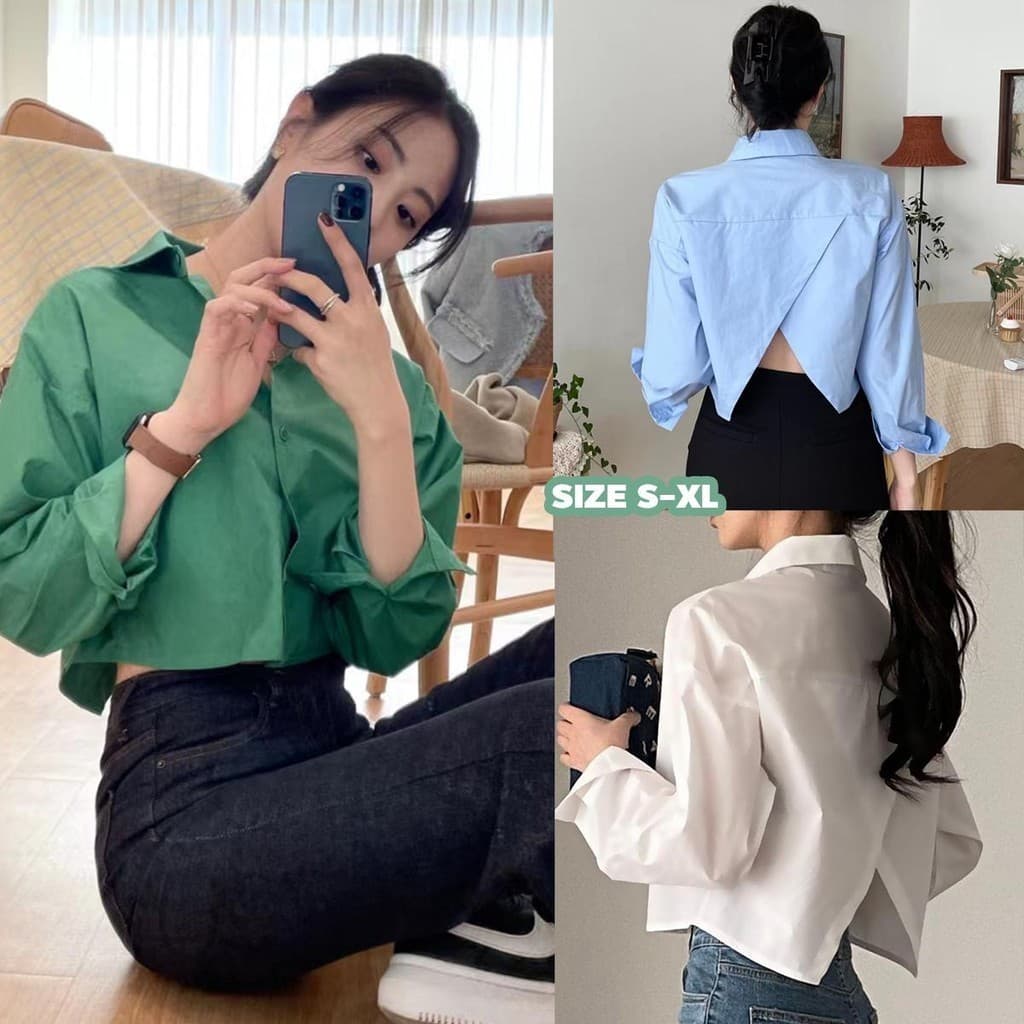 MIMI&DIDI#เสื้อเชิ้ตแขนยาว เสื้อแฟชั่นผู้หญิง ครอป คอปก แฟชั่นสไตล์เกาหลี ทรงหลวม ผ่าหลังและคอปก สำหรับผู้หญิง#W411 รูปที่ 1