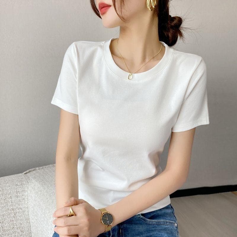 เสื้อยืดแขนสั้น สำหรับผู้หญิง ทำจากผ้าฝ้าย เหมาะสำหรับฤดูร้อน มาใหม่ คอกลม ทรงสลิมฟิต ท็อปส์ซู รูปที่ 3