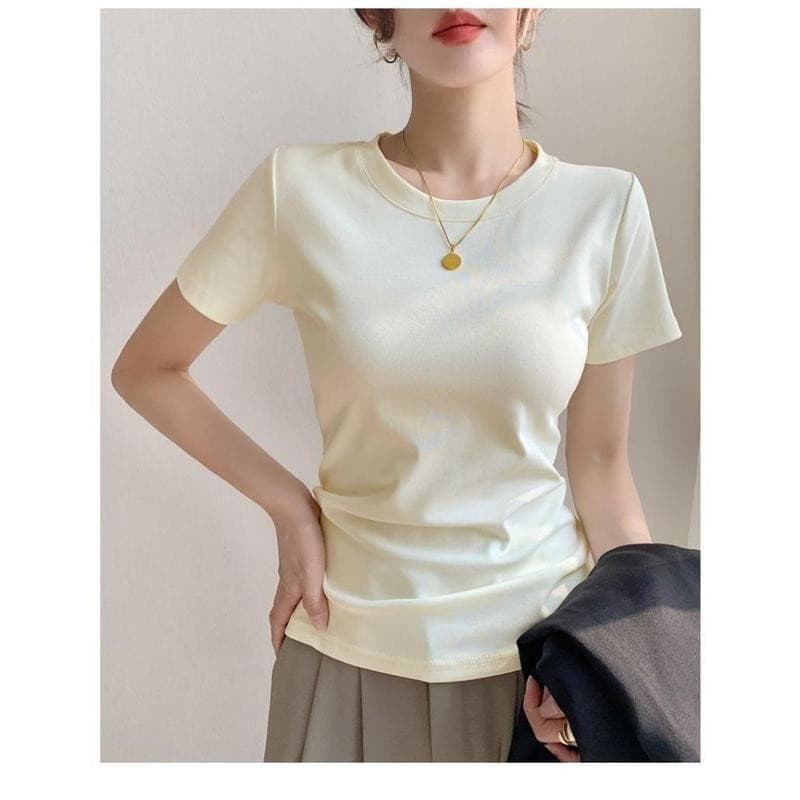 เสื้อยืดแขนสั้น สำหรับผู้หญิง ทำจากผ้าฝ้าย เหมาะสำหรับฤดูร้อน มาใหม่ คอกลม ทรงสลิมฟิต ท็อปส์ซู รูปที่ 6