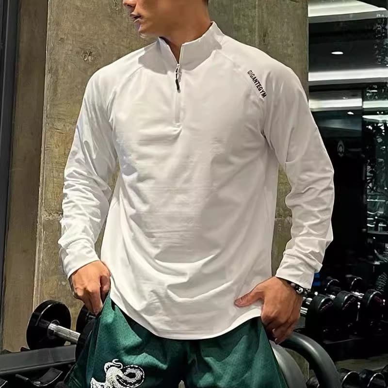 MANSTR ไม่จํากัดเพศ เสื้อยืดการฝึกอบรมแห้งเร็วครึ่งซิปแขนยาวชุดออกกําลังกายขี่จักรยานวิ่งระบายอากาศด้านบนสีดํา/สีขาว รูปที่ 5