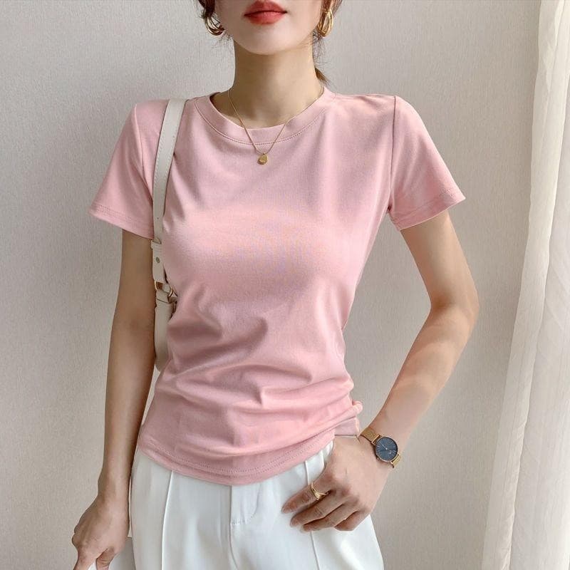 เสื้อยืดแขนสั้น สำหรับผู้หญิง ทำจากผ้าฝ้าย เหมาะสำหรับฤดูร้อน มาใหม่ คอกลม ทรงสลิมฟิต ท็อปส์ซู รูปที่ 4