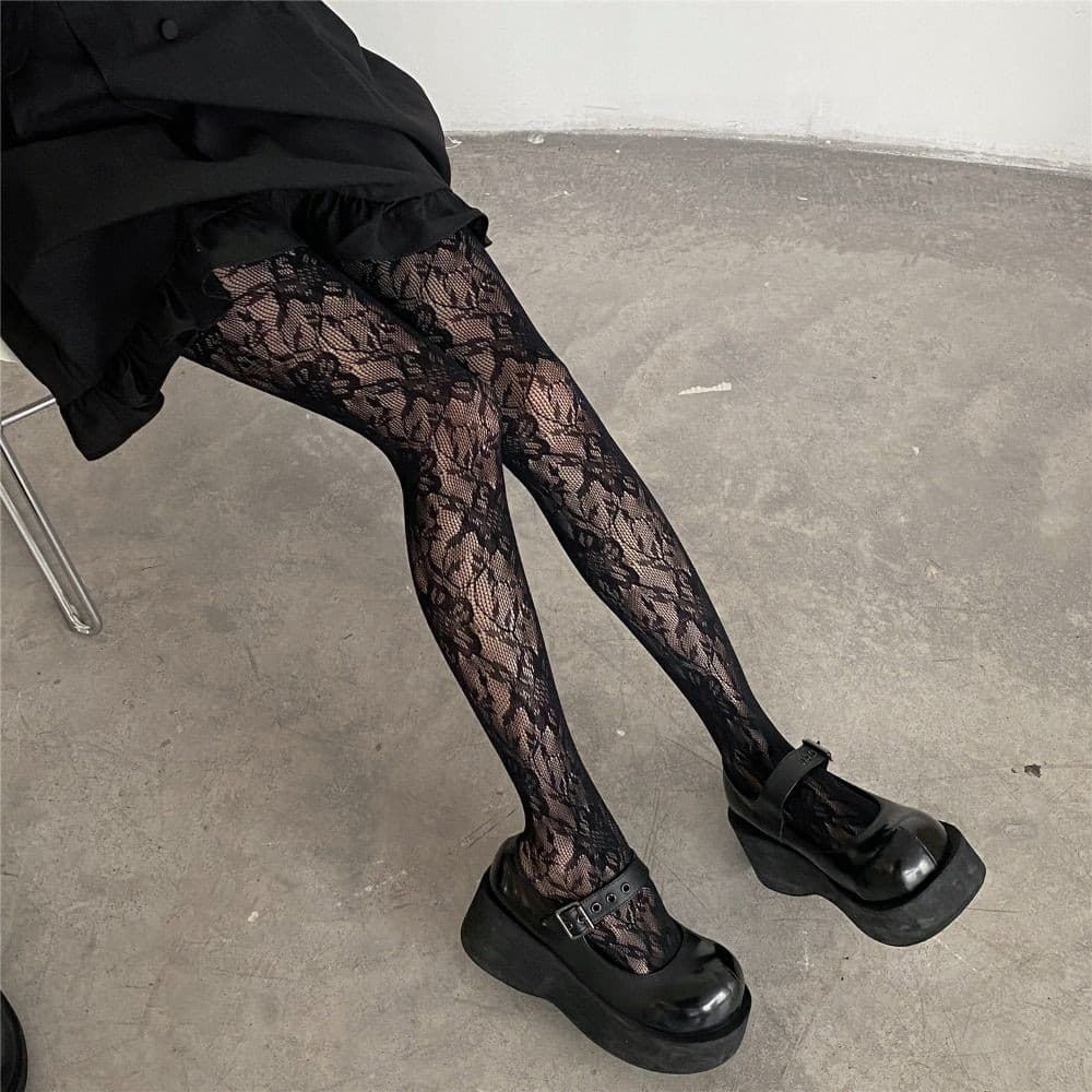 แฟชั ่ นดอกไม ้ เย ็ บปักถักร ้ อยตาข ่ าย Hollow Out เซ ็ กซี ่ Pantyhose ผู ้ หญิงตกปลาสุทธิ Tights Cool สาวสี Hipster Y2k Harajuku ถุงน ่ อง รูปที่ 4