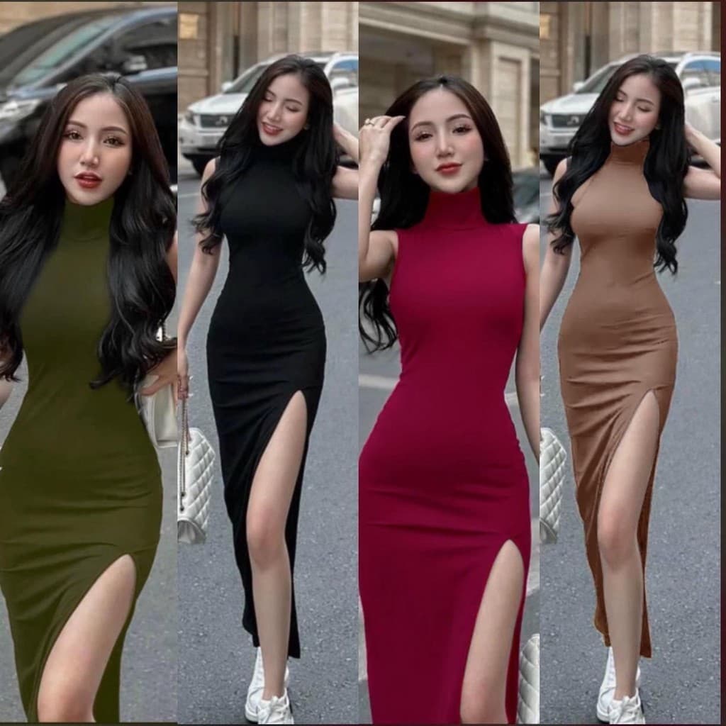 เดรสยาวคอเต่าแขนกุด บอดี้คอน ผ่าต้นขา สร้างหุ่นสง่างาม รูปที่ 1