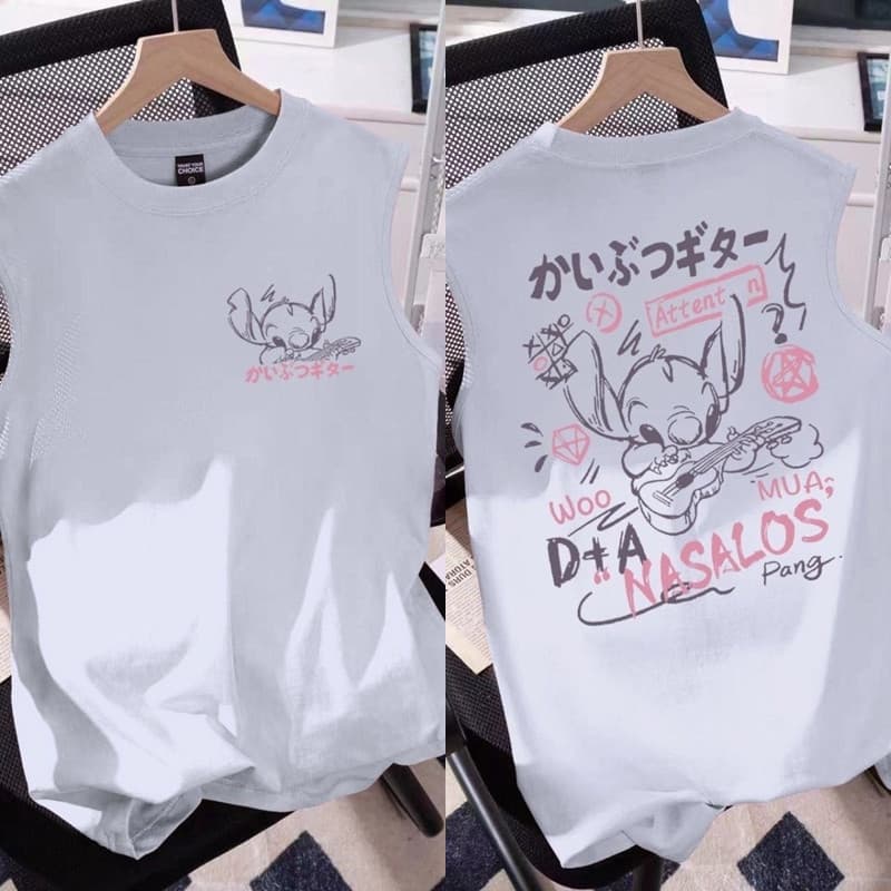 NEW แขนกุดผู้หญิง เสื้อแขนกุดลายสติช สีขาว สกรีนลายหน้า-หลัง OP-1061 รูปที่ 1