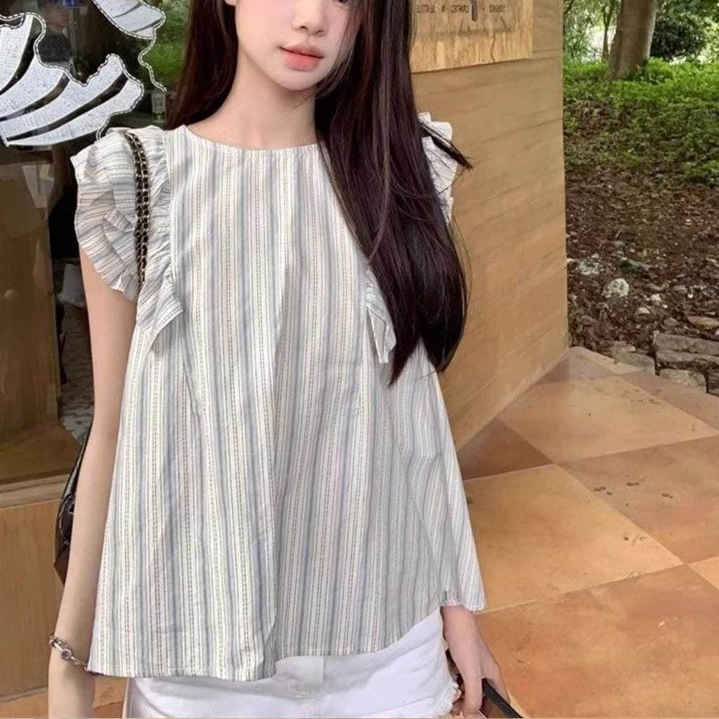เสื้อแขนระบาย สีฟ้าอ่อน ดีไซน์น่ารัก สไตล์เกาหลี รูปที่ 2