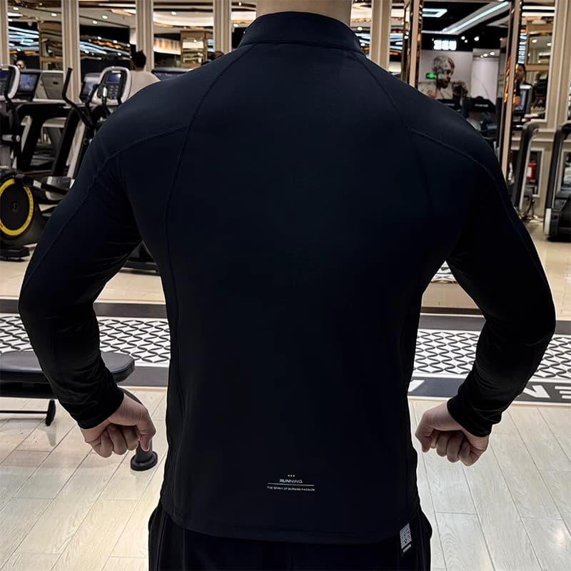 MANSTR ฤดูร้อนใหม่ผู้ชายสบายๆบางครึ่งซิปกีฬาเสื้อยืดสลิมฟิตวิ่งการฝึกอบรมฟุตบอลด้านบนแขนยาว ที รูปที่ 3