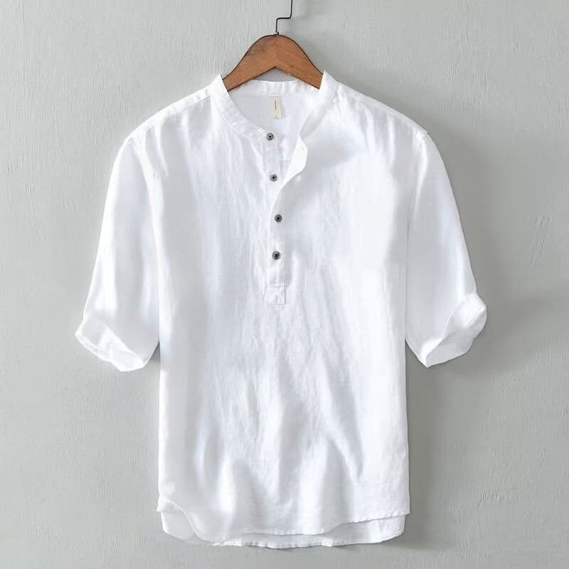 Eershenshi เสื้อเชิ้ต Henley ผ้าลินินสีขาวมีสไตล์สําหรับผู้ชาย - ชุดลําลองแขนสั้นทรงหลวมฤดูร้อน รูปที่ 5