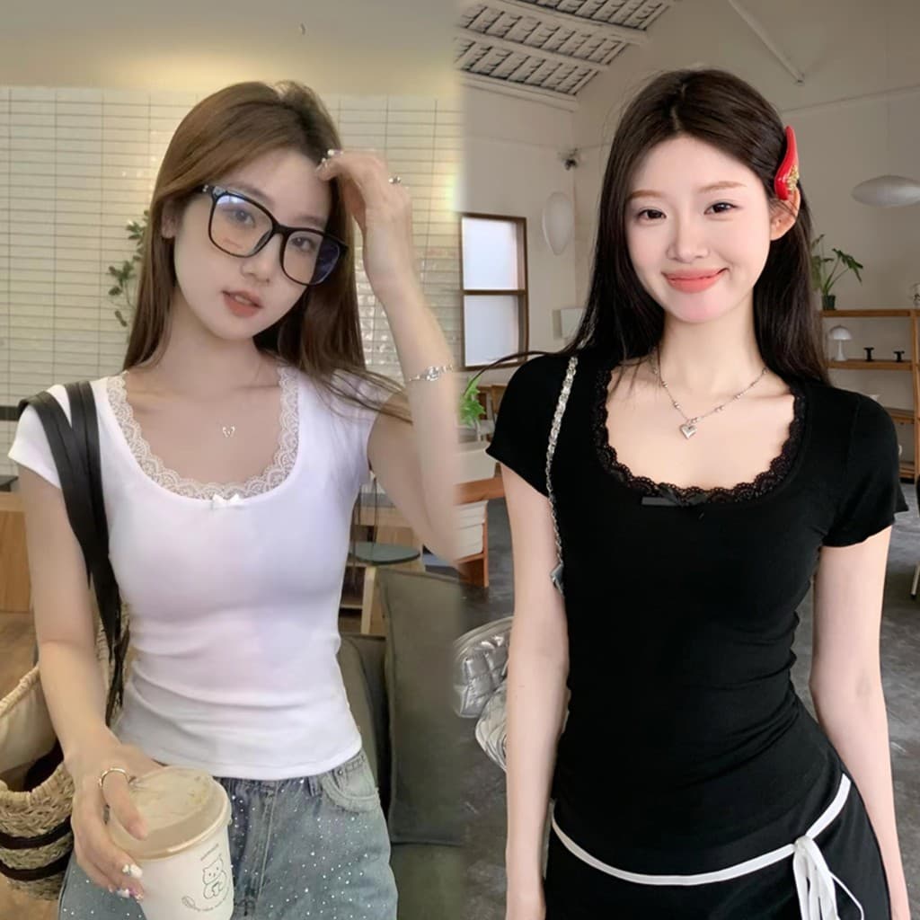 cherryshop เสื้อยืดแขนสั้น เสื้อลูกไม้ คอกลมลายลูกไม้สีขาวสำหรับผู้หญิง Y2Kเสื้อครอปทรงเข้ารู รูปที่ 1