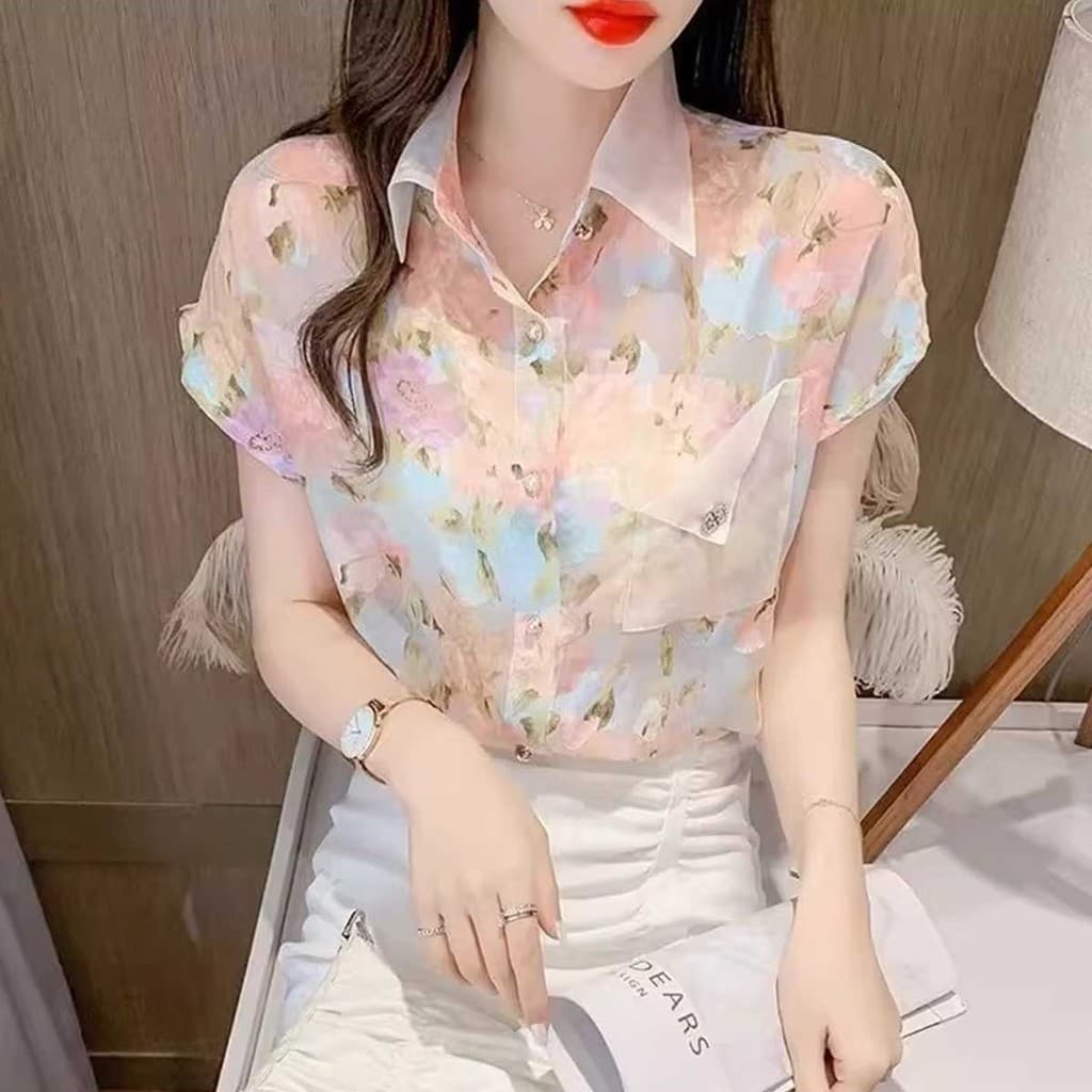 เสื้อเชิ้ตแขนสั้น ผ้าชีฟอง ลายดอกไม้ แนวแฟชั่นใหม่ รูปที่ 3