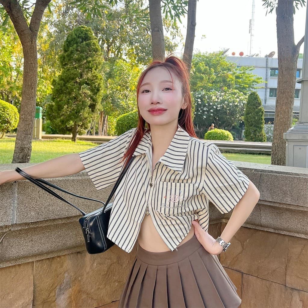 Aurora เสื้อเชิ้ต ชายโค้งติดซิปหน้า ซิปใช้งานได้ ซิป-สั้น เชิ้ตแขนสั้นซิป รูปที่ 2