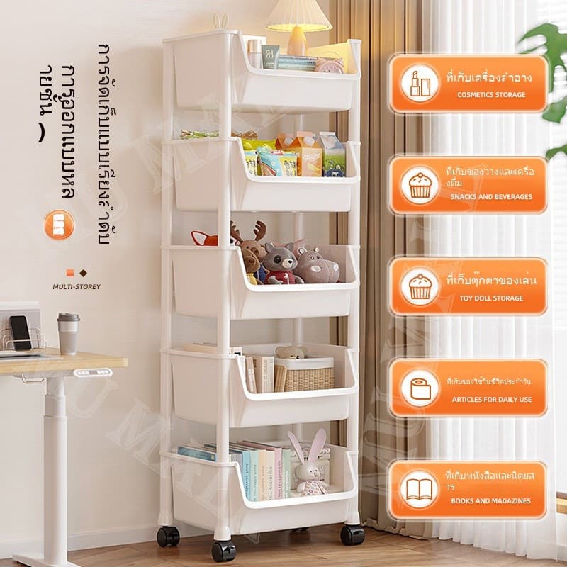 ชั้นวางของพลาสติก 3/4/5ชั้นวางหนังสือ ในครัว ชั้นวางของล้อเลื่อน ชั้นวางเอนกประสงค์ ชั้นหนังสือ รูปที่ 4