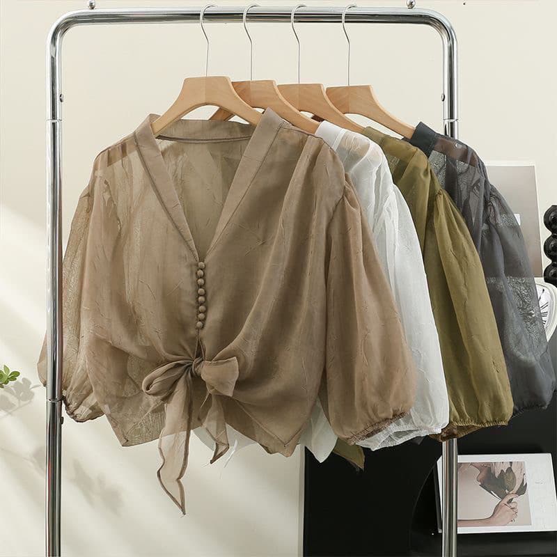 2025 เสื้อแขนพัฟใหม่ฤดูร้อน ผูกบาง ป้องกันแสงแดด รูปที่ 1